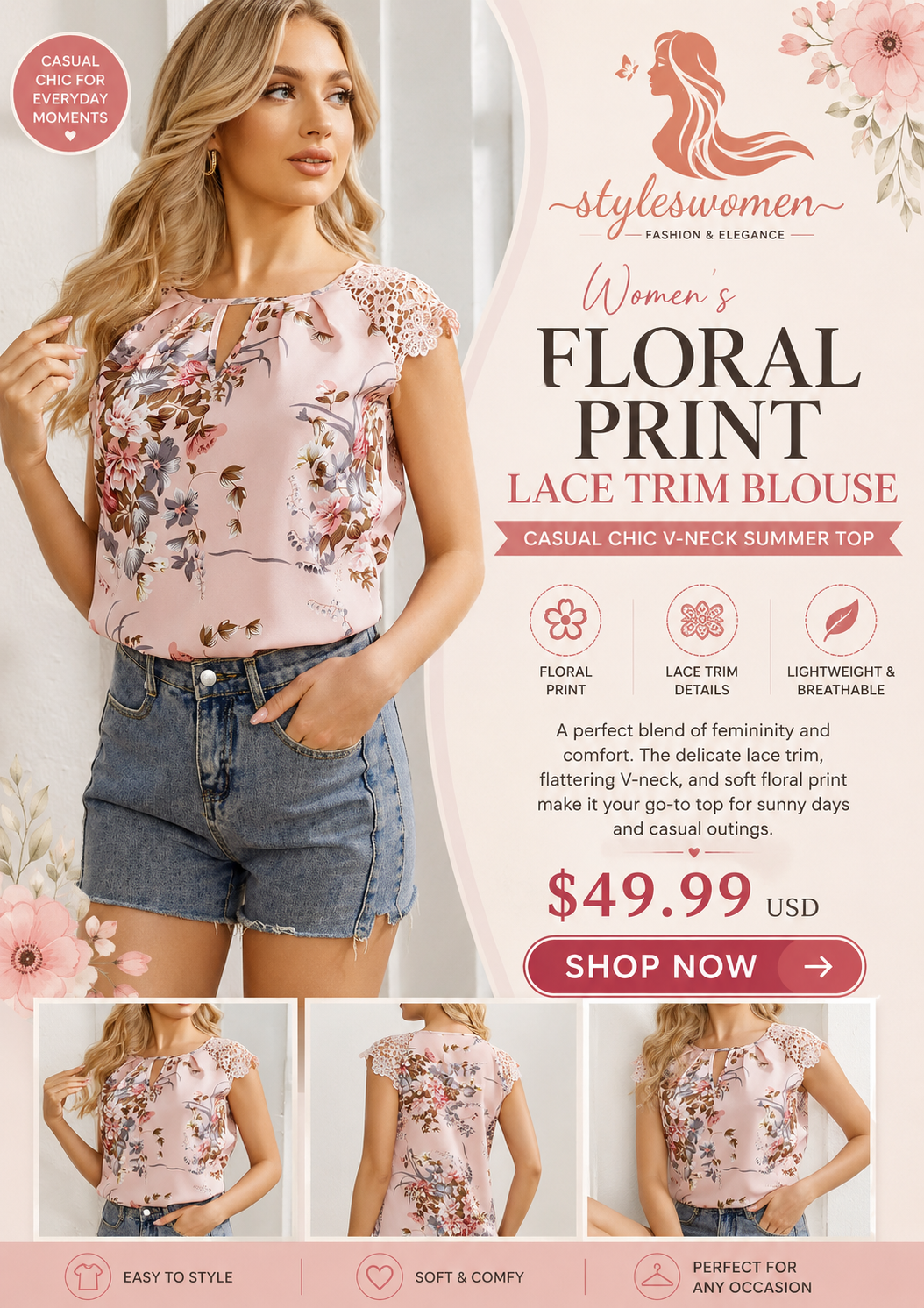Women's Floral Print Lace Trim Blouse | Casual Chic V-Neck Summer Top